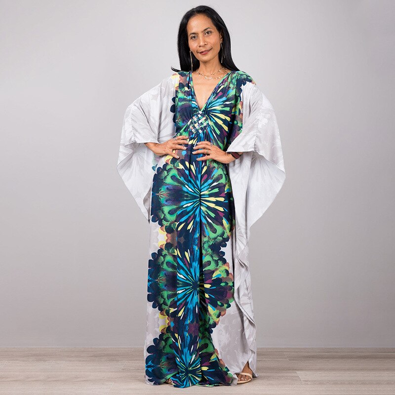 Kaftans - Kimono Printed Bohemian Beach Dresses Maxi Robe Bathing Suits Seaside Holiday Beachwear Style-22 One Size