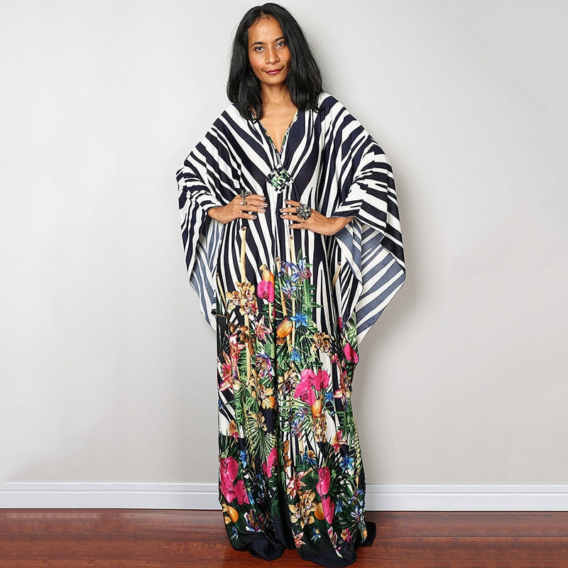 Kaftans - Kimono Printed Bohemian Beach Dresses Maxi Robe Bathing Suits Seaside Holiday Beachwear Style-8 One Size