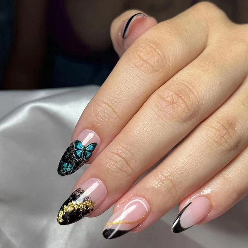 Kawaii Barbie Handmade Nails Almond False Nails Long Stiletto Fake Nails with Flame Design Wearable Press on Nails Full Cover Nail Tips Manicure Tools 463