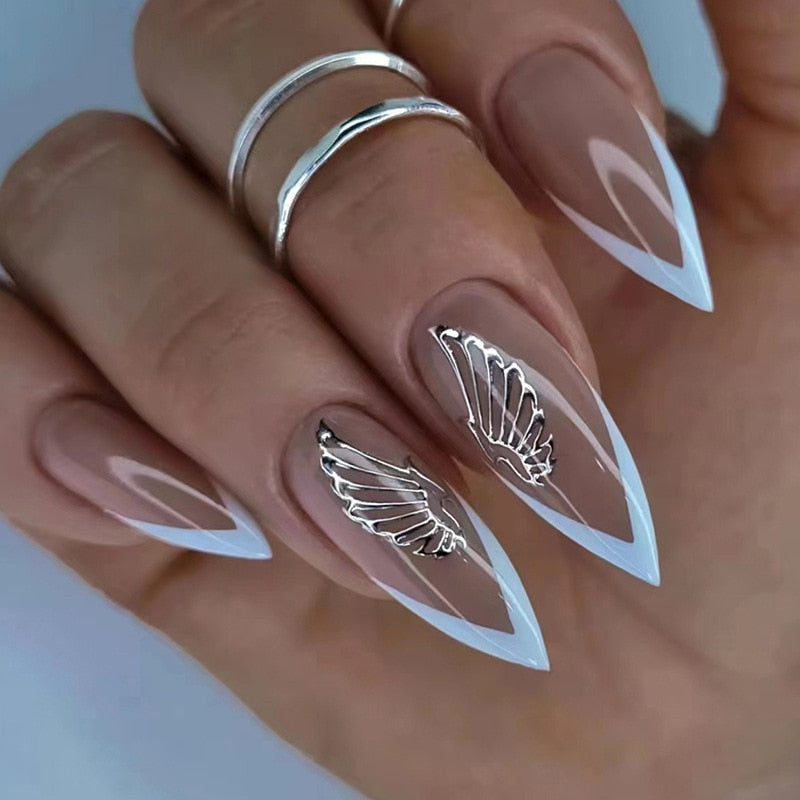 Kawaii Barbie Handmade Nails Almond False Nails Long Stiletto Fake Nails with Flame Design Wearable Press on Nails Full Cover Nail Tips Manicure Tools 408