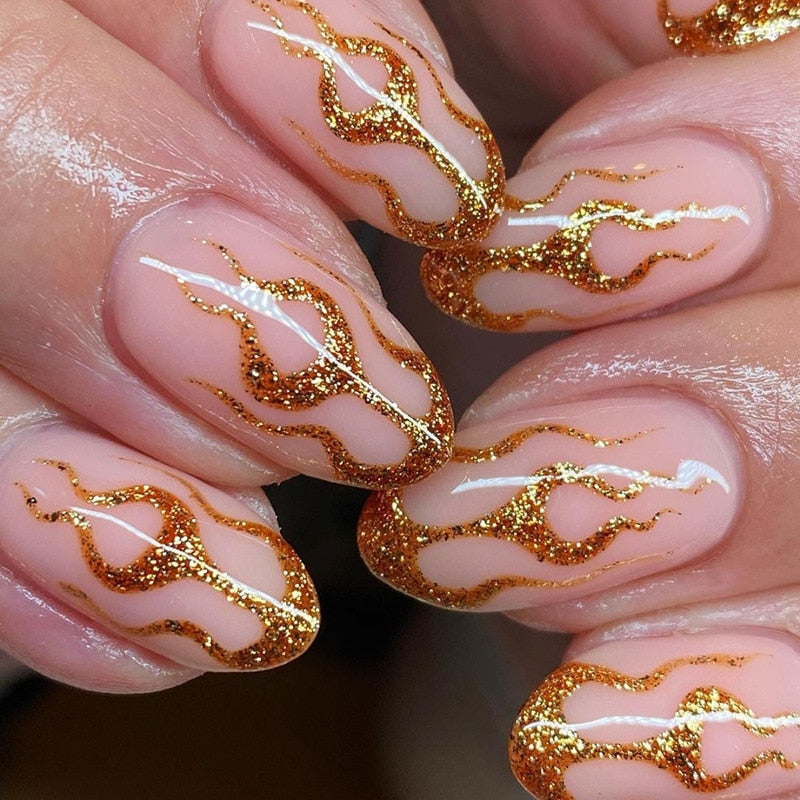 Kawaii Barbie Handmade Nails Almond False Nails Long Stiletto Fake Nails with Flame Design Wearable Press on Nails Full Cover Nail Tips Manicure Tools 704