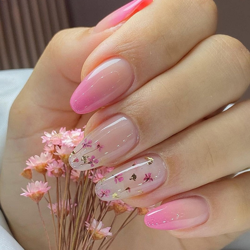 Kawaii Barbie Handmade Nails Almond False Nails Long Stiletto Fake Nails with Flame Design Wearable Press on Nails Full Cover Nail Tips Manicure Tools 501
