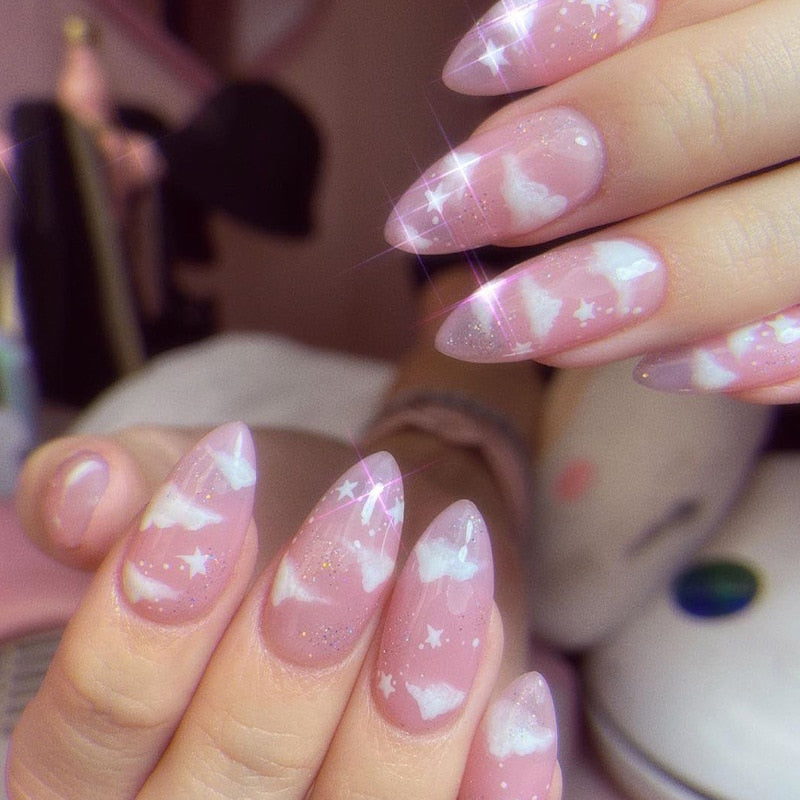 Kawaii Barbie Handmade Nails Almond False Nails Long Stiletto Fake Nails with Flame Design Wearable Press on Nails Full Cover Nail Tips Manicure Tools 2364