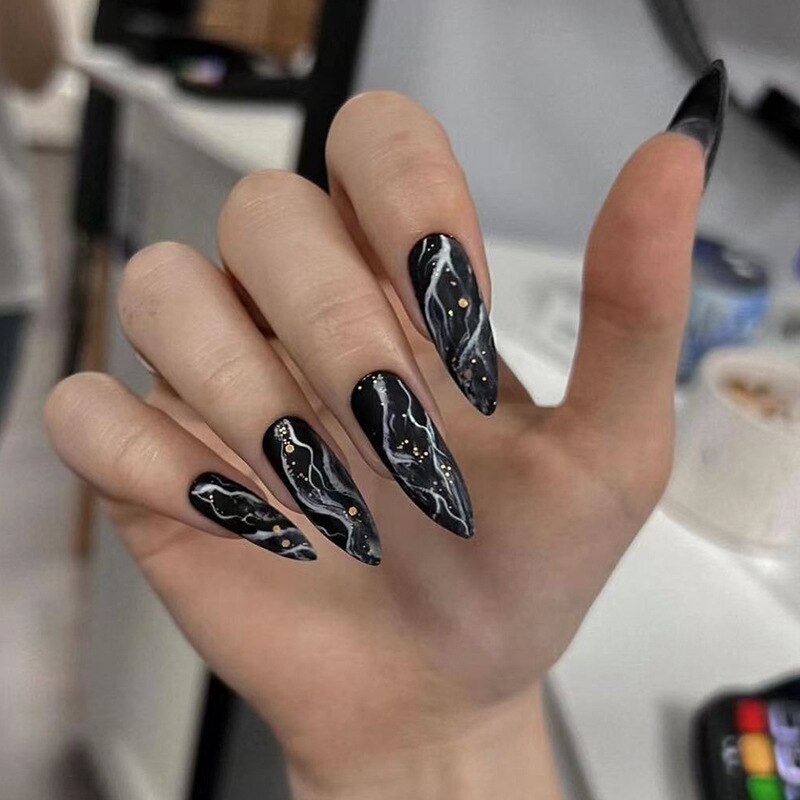 Kawaii Barbie Handmade Nails Almond False Nails Long Stiletto Fake Nails with Flame Design Wearable Press on Nails Full Cover Nail Tips Manicure Tools 89
