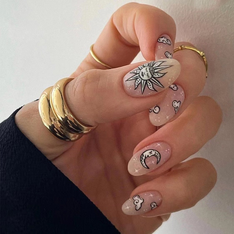 Kawaii Barbie Handmade Nails Almond False Nails Long Stiletto Fake Nails with Flame Design Wearable Press on Nails Full Cover Nail Tips Manicure Tools 2225