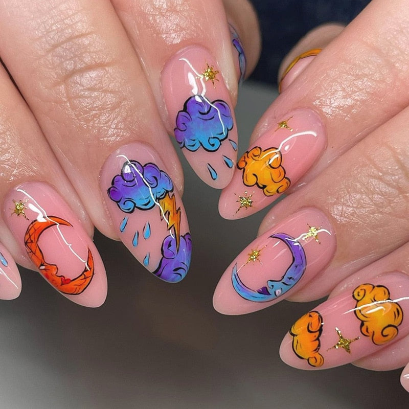 Kawaii Barbie Handmade Nails Almond False Nails Long Stiletto Fake Nails with Flame Design Wearable Press on Nails Full Cover Nail Tips Manicure Tools 814