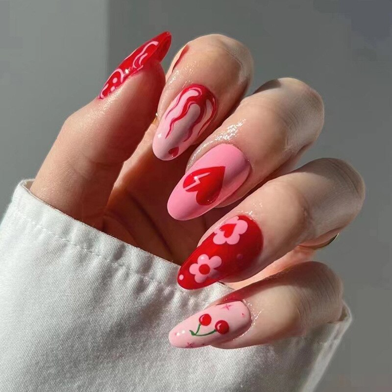 Kawaii Barbie Handmade Nails Almond False Nails Long Stiletto Fake Nails with Flame Design Wearable Press on Nails Full Cover Nail Tips Manicure Tools 356