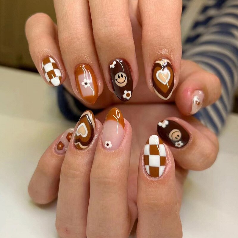 Kawaii Barbie Handmade Nails Almond False Nails Long Stiletto Fake Nails with Flame Design Wearable Press on Nails Full Cover Nail Tips Manicure Tools 2095