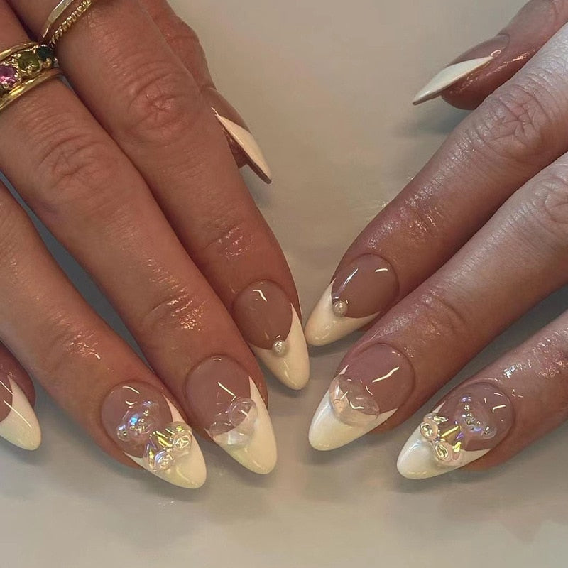 Kawaii Barbie Handmade Nails Almond False Nails Long Stiletto Fake Nails with Flame Design Wearable Press on Nails Full Cover Nail Tips Manicure Tools 2408