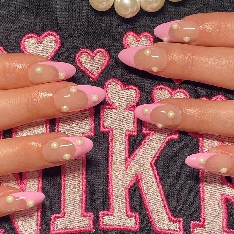 Kawaii Barbie Handmade Nails Almond False Nails Long Stiletto Fake Nails with Flame Design Wearable Press on Nails Full Cover Nail Tips Manicure Tools