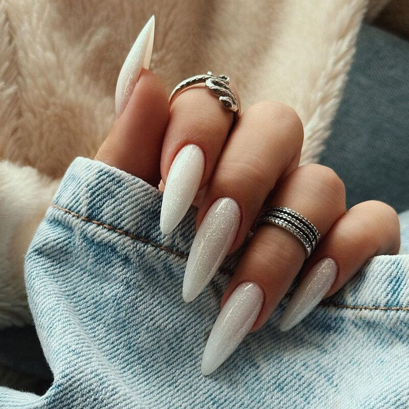 Kawaii Barbie Handmade Nails Almond False Nails Long Stiletto Fake Nails with Flame Design Wearable Press on Nails Full Cover Nail Tips Manicure Tools 404