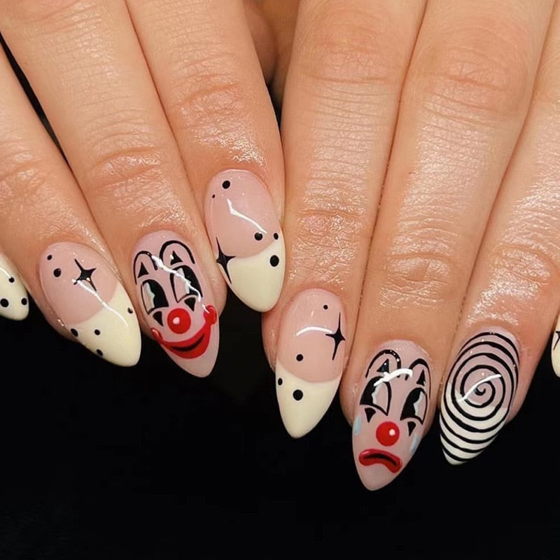 Kawaii Barbie Handmade Nails Almond False Nails Long Stiletto Fake Nails with Flame Design Wearable Press on Nails Full Cover Nail Tips Manicure Tools 119