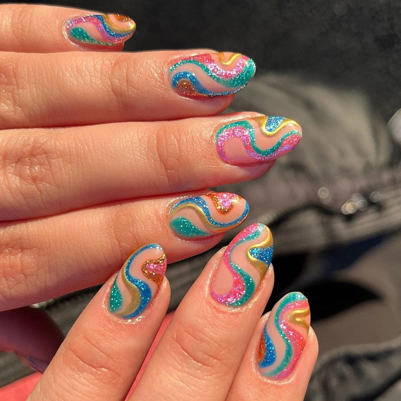 Kawaii Barbie Handmade Nails Almond False Nails Long Stiletto Fake Nails with Flame Design Wearable Press on Nails Full Cover Nail Tips Manicure Tools 229