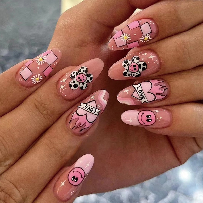 Kawaii Barbie Handmade Nails Almond False Nails Long Stiletto Fake Nails with Flame Design Wearable Press on Nails Full Cover Nail Tips Manicure Tools