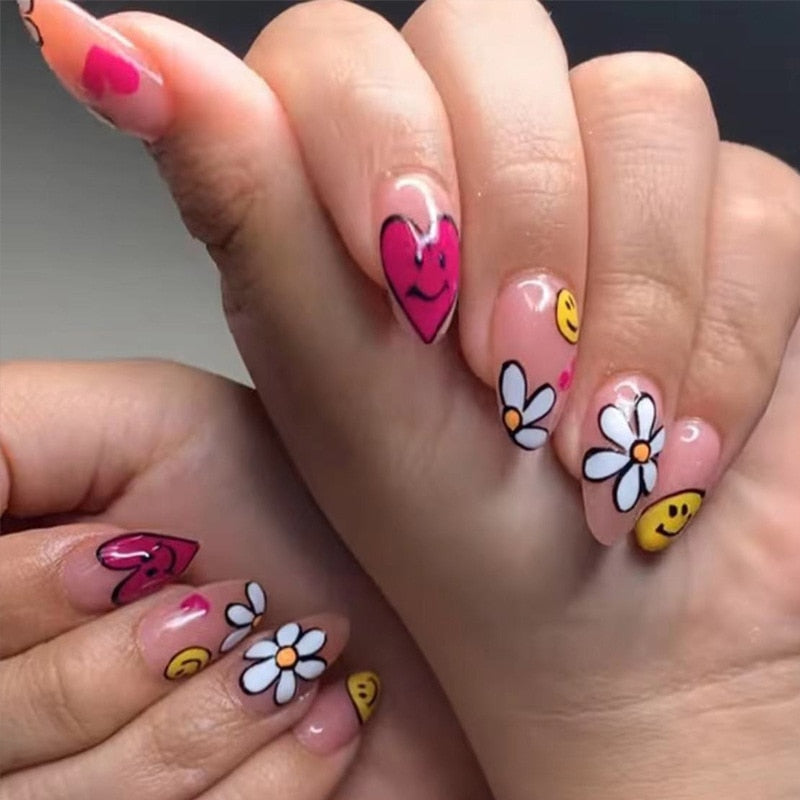 Kawaii Barbie Handmade Nails Almond False Nails Long Stiletto Fake Nails with Flame Design Wearable Press on Nails Full Cover Nail Tips Manicure Tools 81