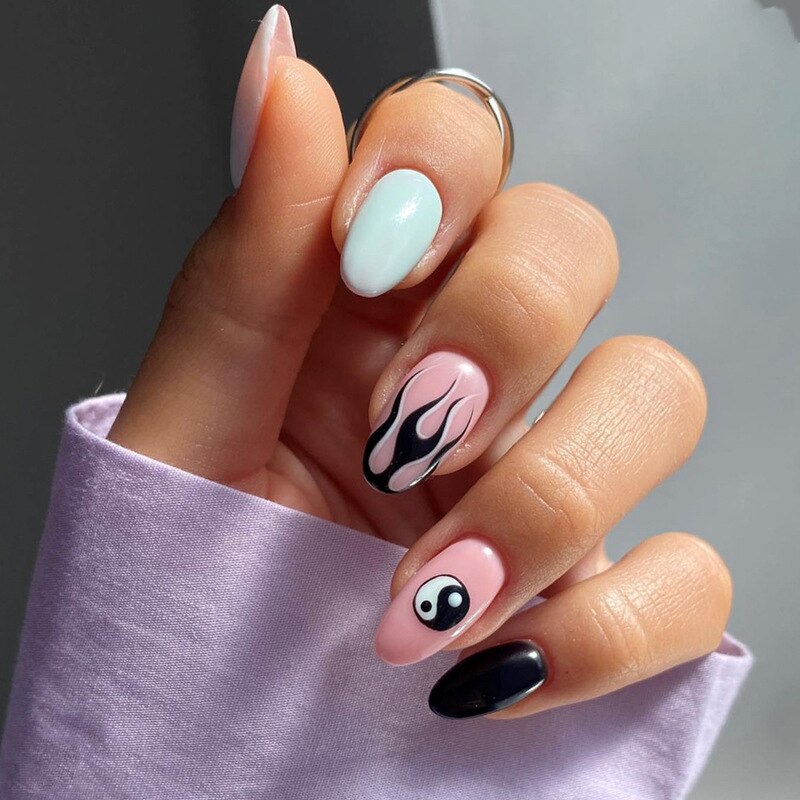 Kawaii Barbie Handmade Nails Almond False Nails Long Stiletto Fake Nails with Flame Design Wearable Press on Nails Full Cover Nail Tips Manicure Tools 79