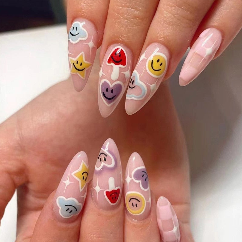 Kawaii Barbie Handmade Nails Almond False Nails Long Stiletto Fake Nails with Flame Design Wearable Press on Nails Full Cover Nail Tips Manicure Tools 2360