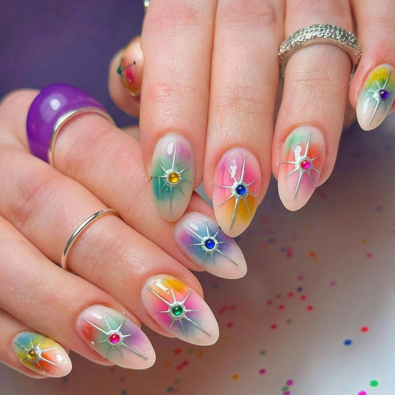 Kawaii Barbie Handmade Nails Almond False Nails Long Stiletto Fake Nails with Flame Design Wearable Press on Nails Full Cover Nail Tips Manicure Tools 698