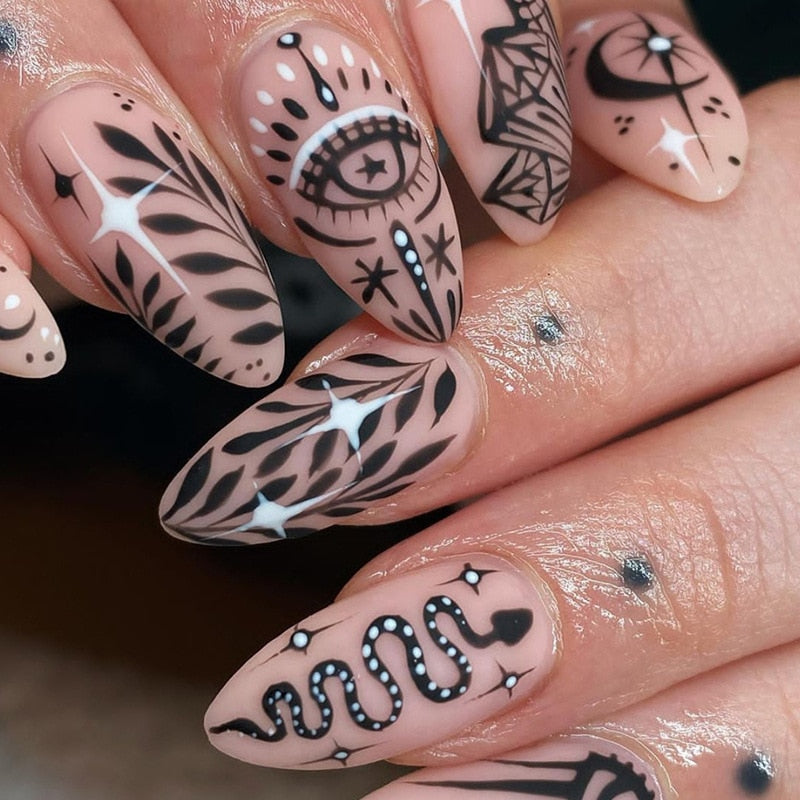 Kawaii Barbie Handmade Nails Almond False Nails Long Stiletto Fake Nails with Flame Design Wearable Press on Nails Full Cover Nail Tips Manicure Tools 406