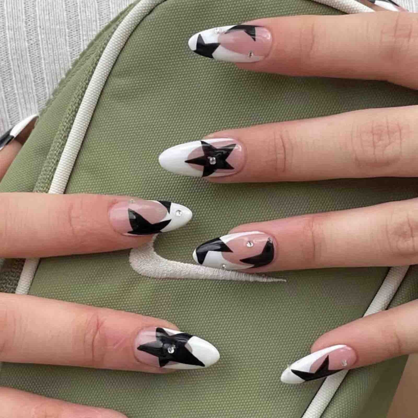 Kawaii Barbie Handmade Nails Almond False Nails Long Stiletto Fake Nails with Flame Design Wearable Press on Nails Full Cover Nail Tips Manicure Tools XR-01