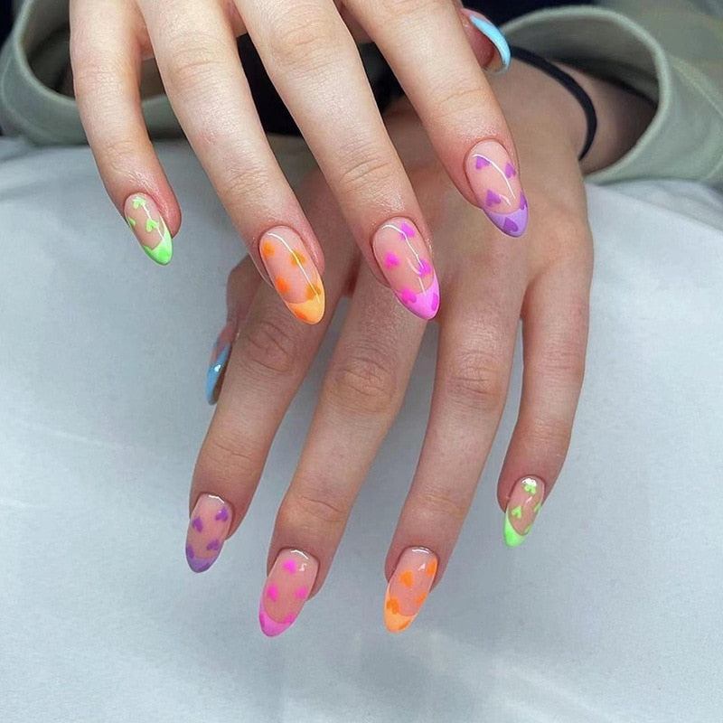 Kawaii Barbie Handmade Nails Almond False Nails Long Stiletto Fake Nails with Flame Design Wearable Press on Nails Full Cover Nail Tips Manicure Tools 145