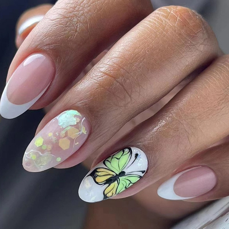 Kawaii Barbie Handmade Nails Almond False Nails Long Stiletto Fake Nails with Flame Design Wearable Press on Nails Full Cover Nail Tips Manicure Tools 486