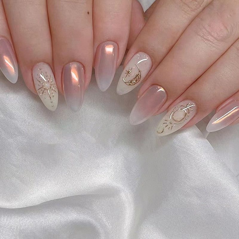 Kawaii Barbie Handmade Nails Almond False Nails Long Stiletto Fake Nails with Flame Design Wearable Press on Nails Full Cover Nail Tips Manicure Tools 821