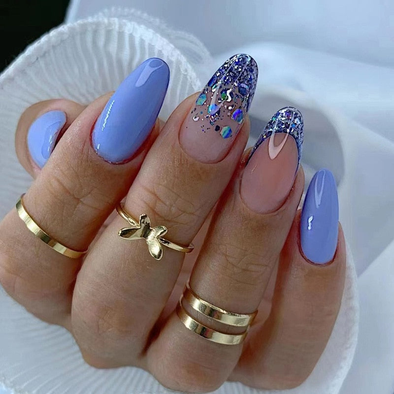 Kawaii Barbie Handmade Nails Almond False Nails Long Stiletto Fake Nails with Flame Design Wearable Press on Nails Full Cover Nail Tips Manicure Tools 366