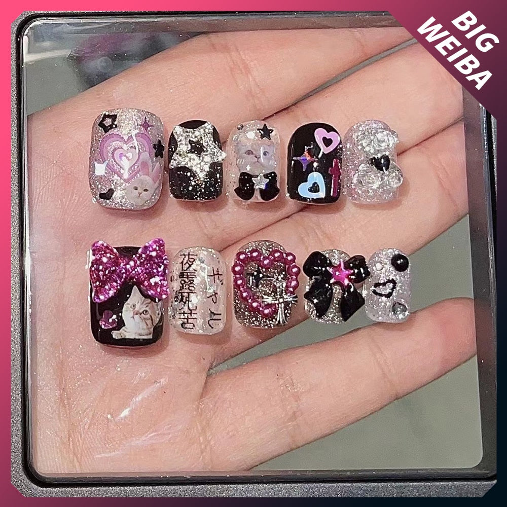 Kawaii Cute Cat Dog Animal Short Pink Purple Nail Slice Bowknot Customizable False Nail Handmade Reusable Nails Sticker Gift