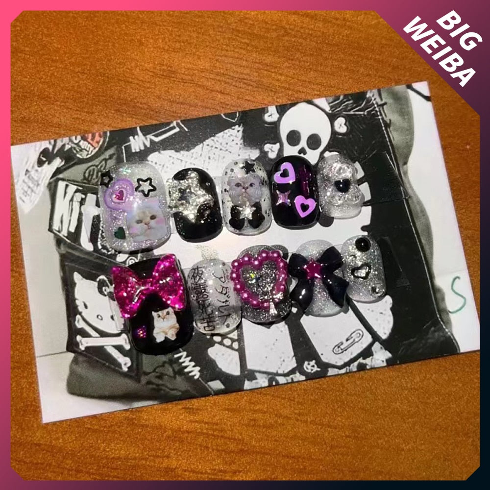 Kawaii Cute Cat Dog Animal Short Pink Purple Nail Slice Bowknot Customizable False Nail Handmade Reusable Nails Sticker Gift