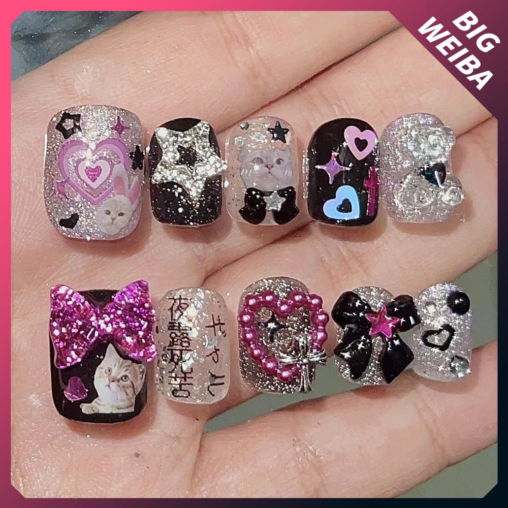 Kawaii Cute Cat Dog Animal Short Pink Purple Nail Slice Bowknot Customizable False Nail Handmade Reusable Nails Sticker Gift 1