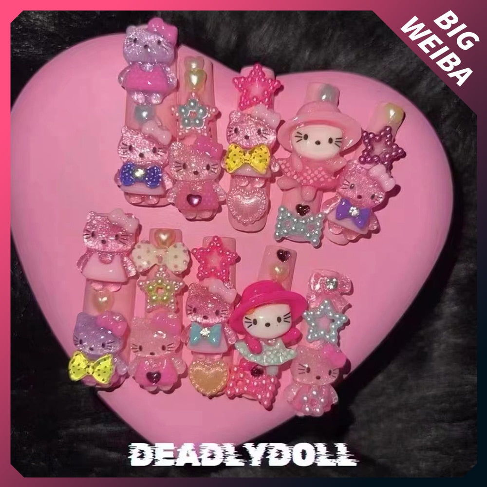 Kawaii Hello Kitty Super Long Coffin Nails Cartoon Cute Pink 3D Handmade Hot Girl Y2K Long Nails Sticker Girls Gift Accessories 1