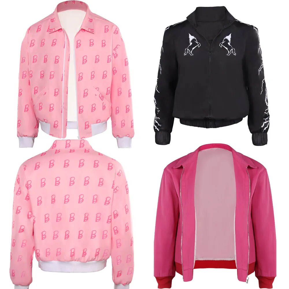 Ken Cosplay Costume Pink Coat Movie Barbier Printed Black Jacket Men Adult Outfit Outwear Halloween Carnival Party Role Suit