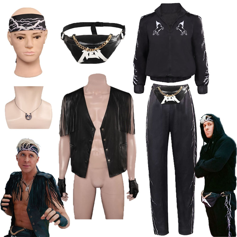 Ken Cosplay Fantasia Black Jacket Vest Headband Waist Bag Necklace Pants Barbier Costume Adult Men Halloween Carnival Party Suit
