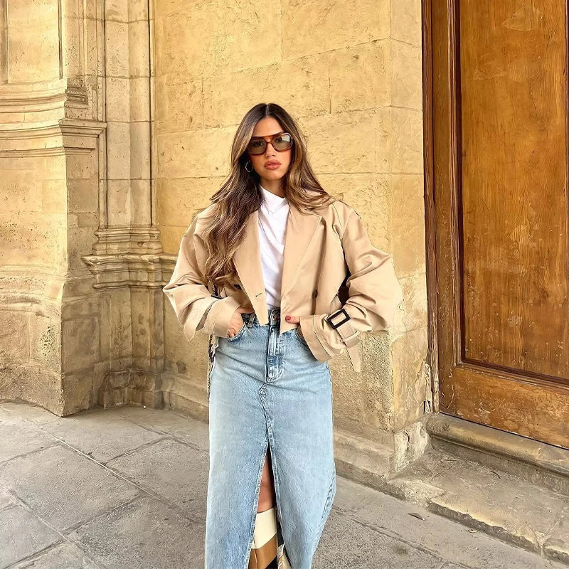 Khaki Cropped Trench Women Long Sleeves Cropped Design Jacket Chic Lady High Street Casual Loose Coats Top Female