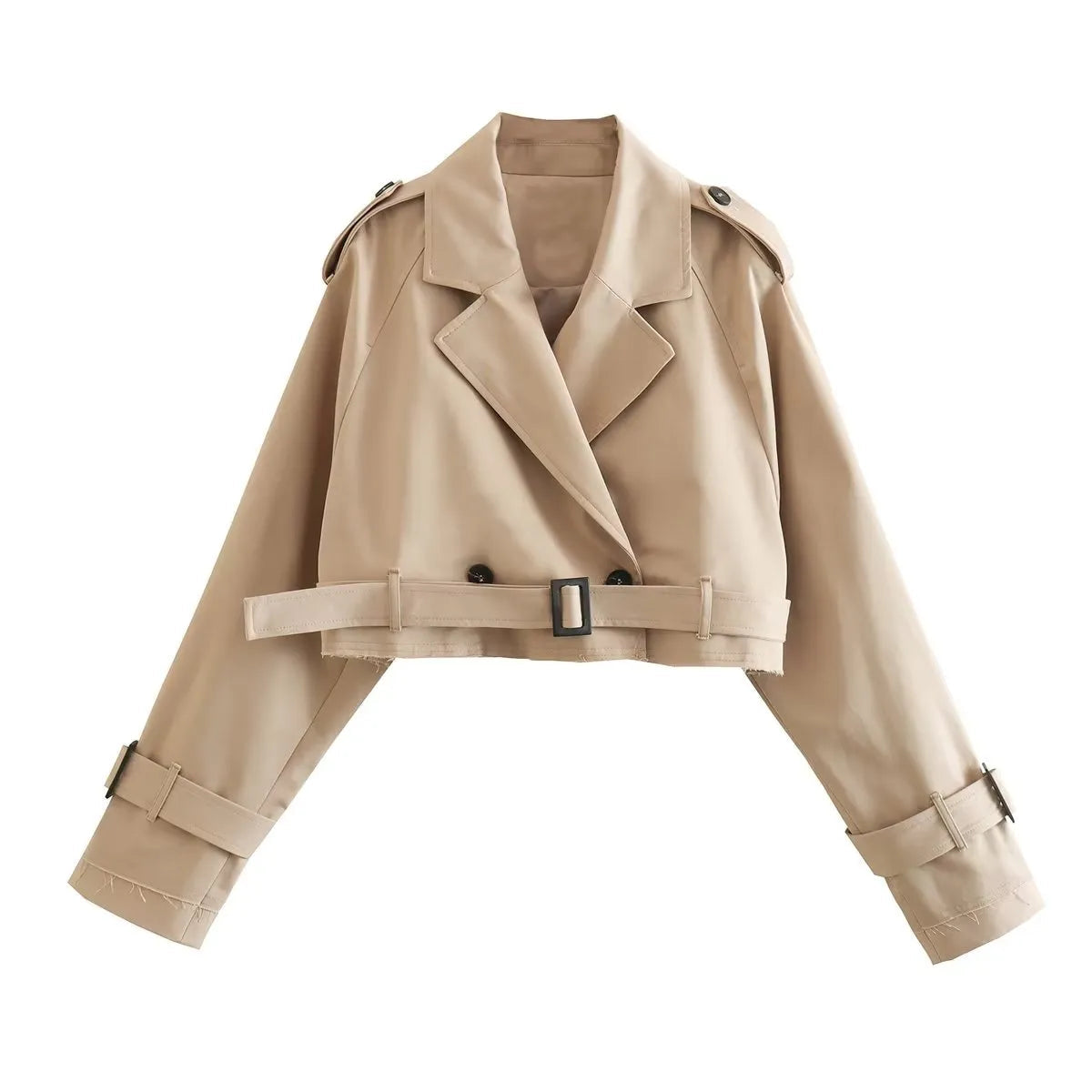 Khaki Cropped Trench Women Long Sleeves Cropped Design Jacket Chic Lady High Street Casual Loose Coats Top Female