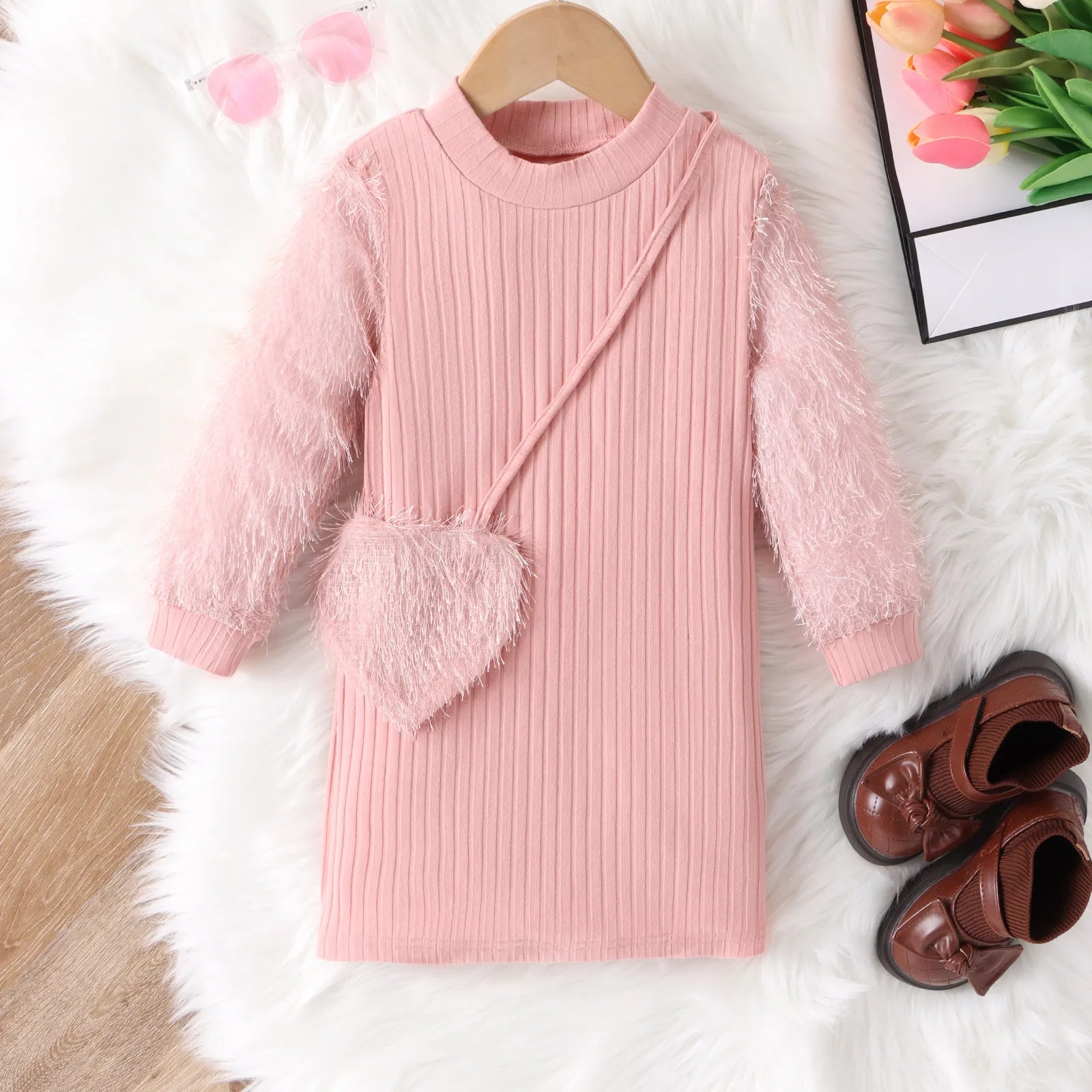 Kids Clothes Girls Dress Autumn Winter Warm Knitted Spliced Fur Long Sleeve+Bag Slim Fit Dress Korean Fashion Girl Clothing 4-7T