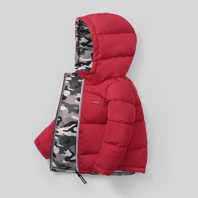 Kids Down Jackets With Double-sided Wearable Autumn Winter Boys Girls Warm Hooded Waterproof Coat 3-10 Years Clothes Red