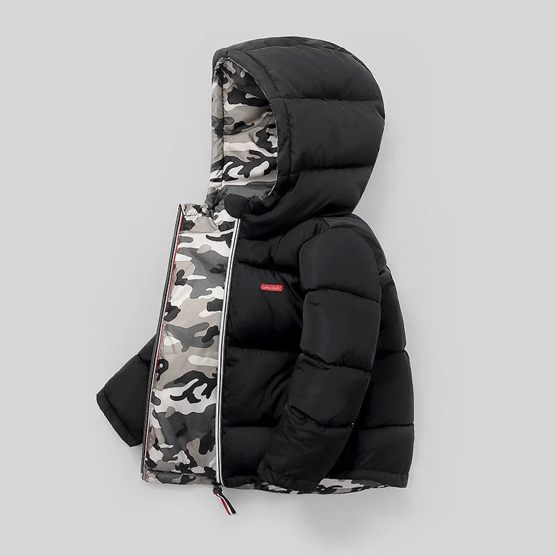 Kids Down Jackets With Double-sided Wearable Autumn Winter Boys Girls Warm Hooded Waterproof Coat 3-10 Years Clothes Black