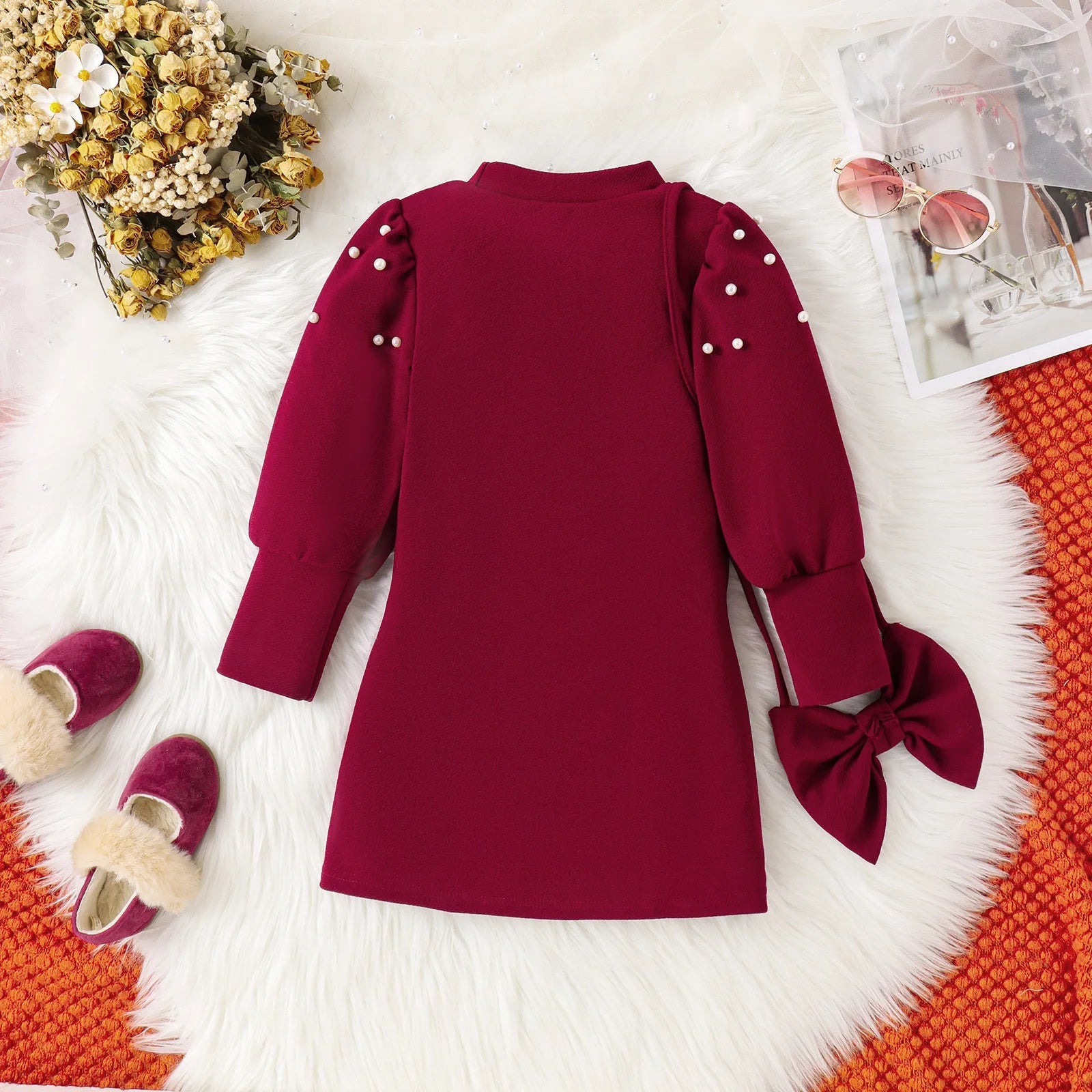 Kids Girls Dress Autumn Winter Girls Pearl Bubble Sleeve Texture Slim Fit Dress+Bow Decoration Bag 2Pcs Kids Clothes Girls Dress
