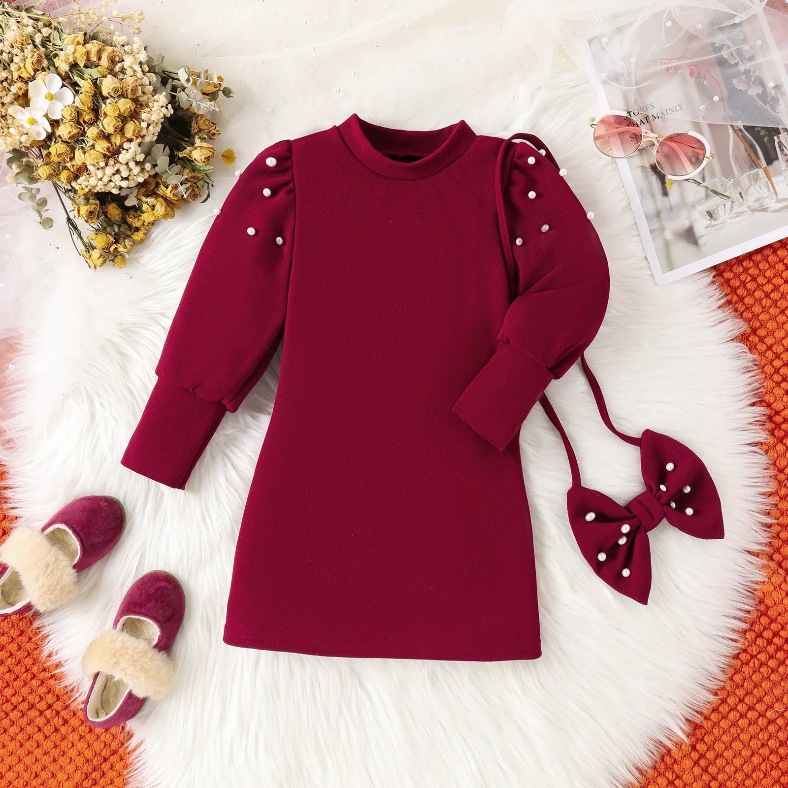 Kids Girls Dress Autumn Winter Girls Pearl Bubble Sleeve Texture Slim Fit Dress+Bow Decoration Bag 2Pcs Kids Clothes Girls Dress