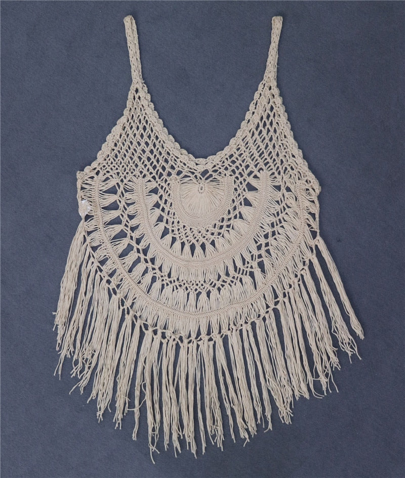 Kimono Flecos Beach Dress Crochet Cover-ups Fringe Coverup White Kimono Plage Vestidos Verano Knitted Swim Cover Up beige M