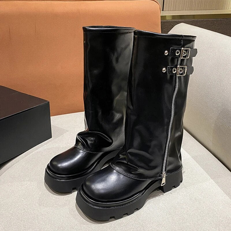 Knee High Chelsea Boots Gladiator Women Mid Heels Winter Shoes Goth 2024 Trend New Motocycle Boots Chunky Round Toe Femme Botas