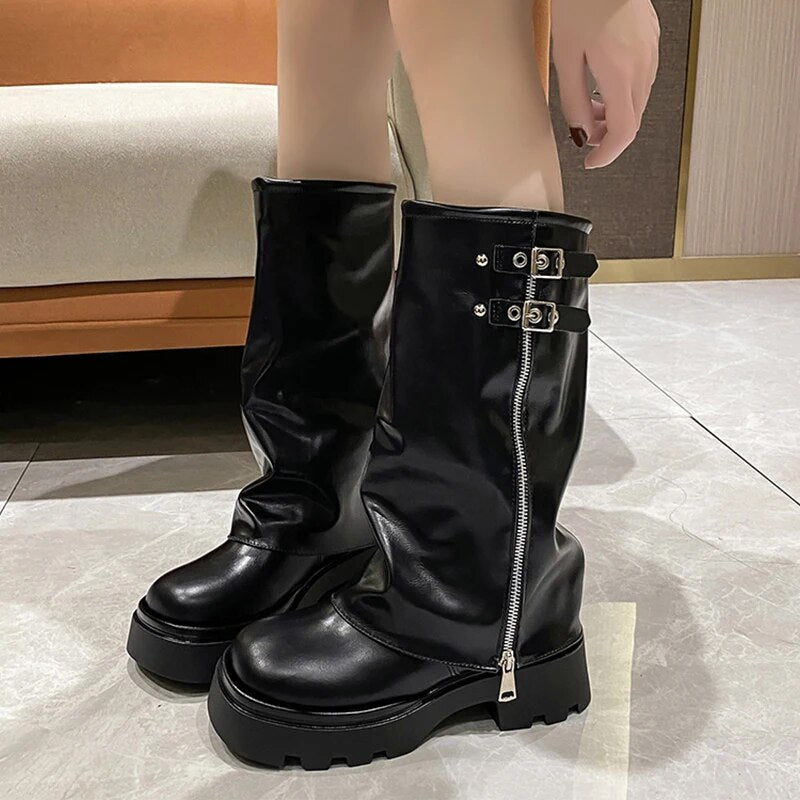 Knee High Chelsea Boots Gladiator Women Mid Heels Winter Shoes Goth 2024 Trend New Motocycle Boots Chunky Round Toe Femme Botas
