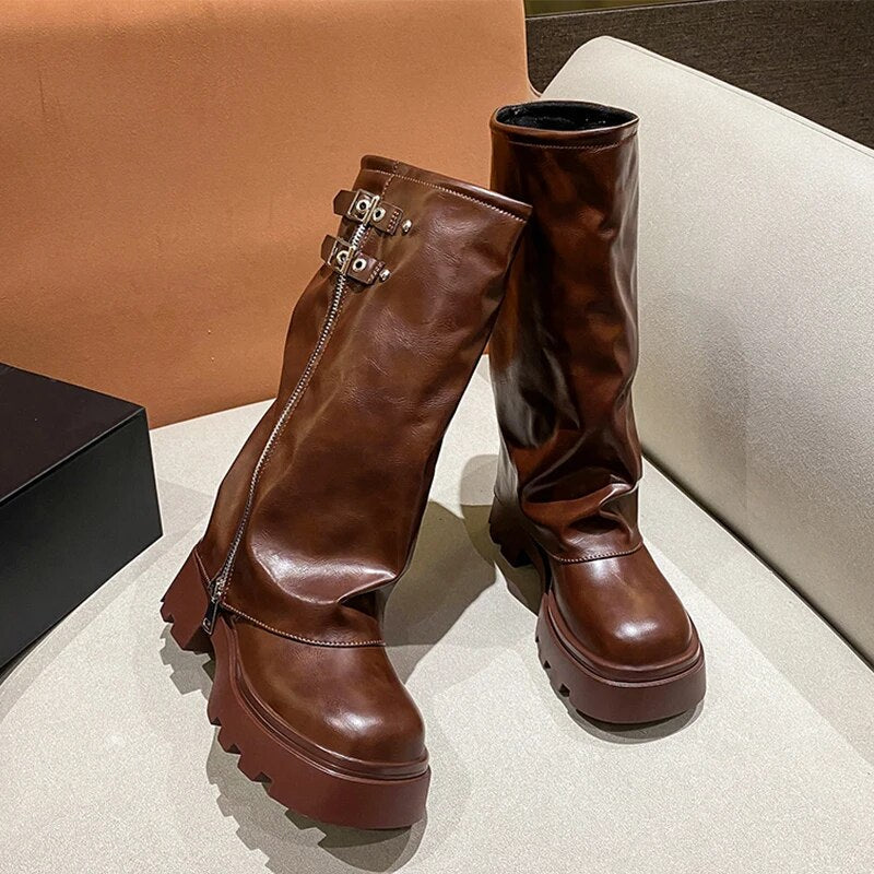 Knee High Chelsea Boots Gladiator Women Mid Heels Winter Shoes Goth 2024 Trend New Motocycle Boots Chunky Round Toe Femme Botas