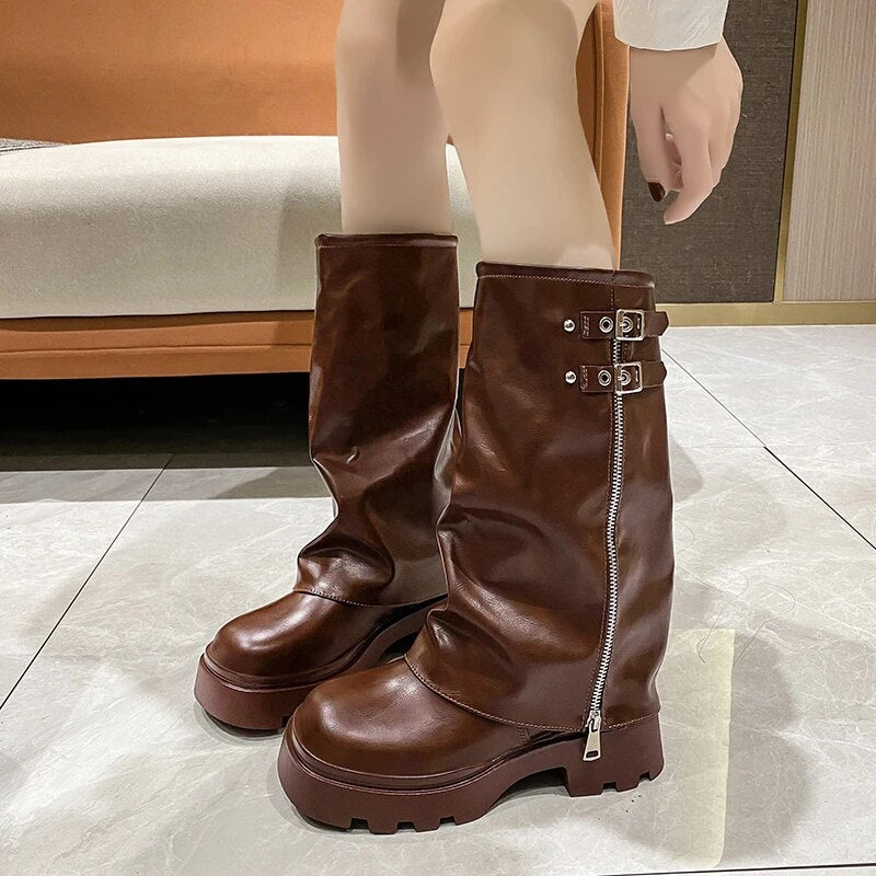 Knee High Chelsea Boots Gladiator Women Mid Heels Winter Shoes Goth 2024 Trend New Motocycle Boots Chunky Round Toe Femme Botas Auburn
