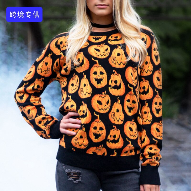 Knit 2022 Halloween Vintage Full Pumpkin Pattern Cosy Crewneck Cute Unisex Women and Mens Ugly Halloween Sweater