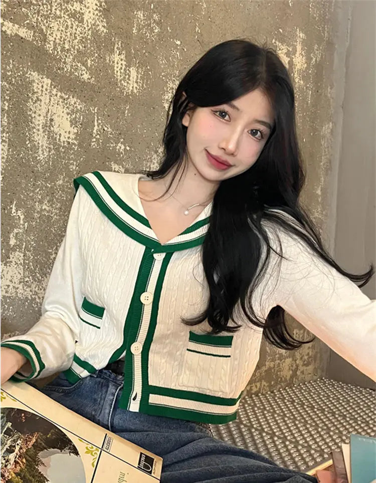 Knit Spring Preppy Style Sailor Collar Women Knitted Cardigan Elastic Wide Leg Pant Long Sleeve Korean Outfit Tracksuit Green-Top