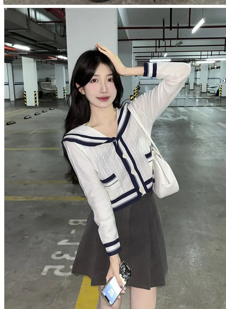 Knit Spring Preppy Style Sailor Collar Women Knitted Cardigan Elastic Wide Leg Pant Long Sleeve Korean Outfit Tracksuit Black-Top