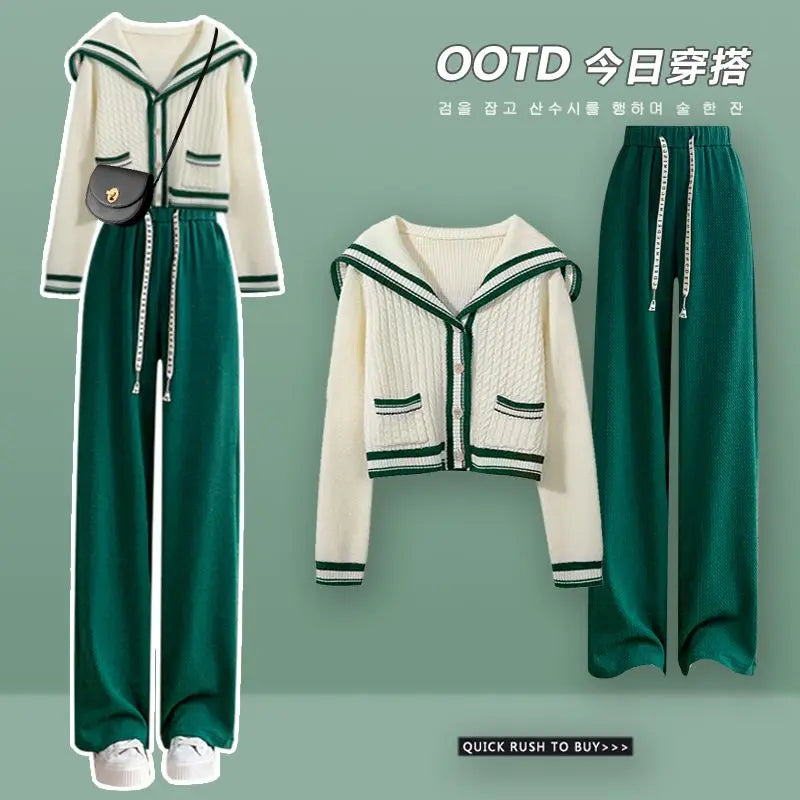 Knit Spring Preppy Style Sailor Collar Women Knitted Cardigan Elastic Wide Leg Pant Long Sleeve Korean Outfit Tracksuit 2-Pieces-A